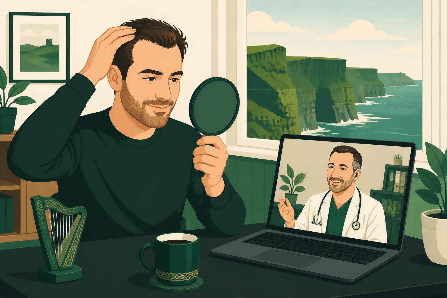 Patient at home in Ireland discussing Finasteride: Male Pattern Hair Loss Treatment in Ireland during a secure online GP consultation