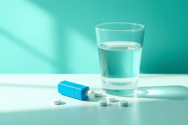 Inhaler and tablets beside a glass of water