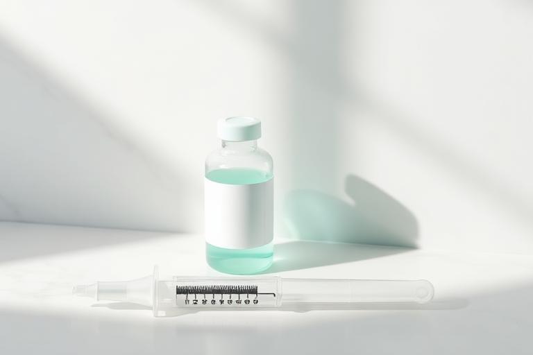 Clear vaccine vial and sterile syringe on white marble