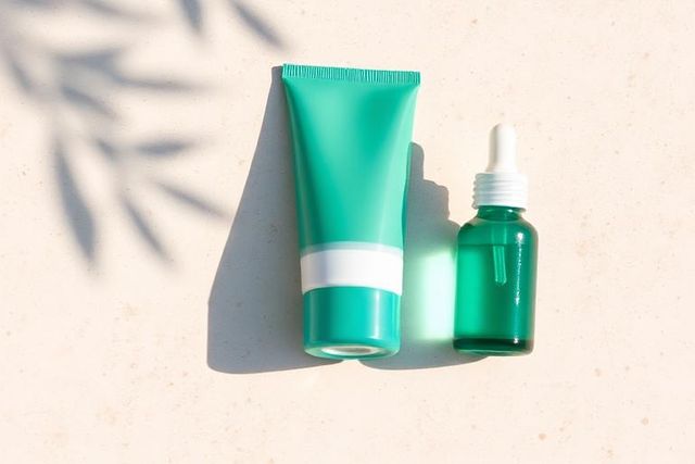 Unbranded cream tube and dropper bottle with leaf shadows