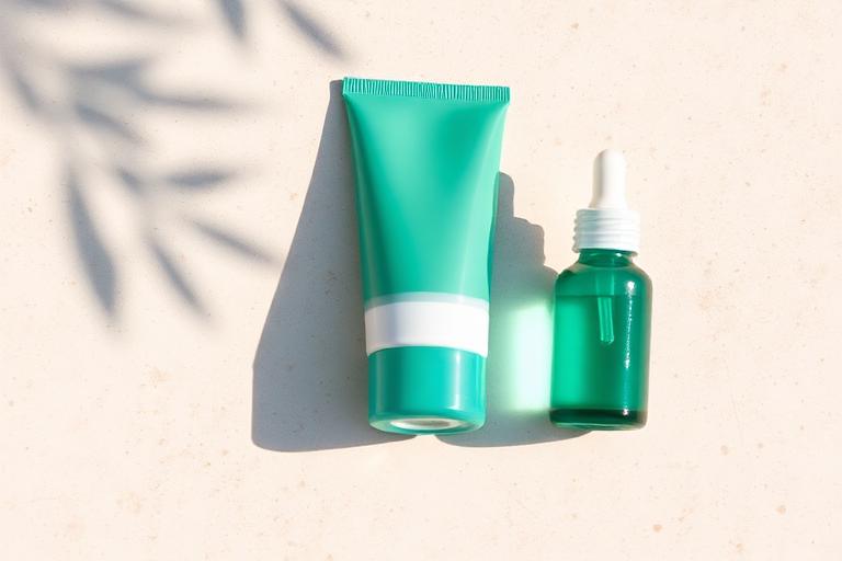 Unbranded cream tube and dropper bottle with leaf shadows