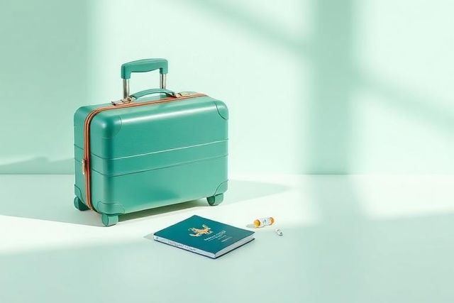 Small teal suitcase, passport and travel medication