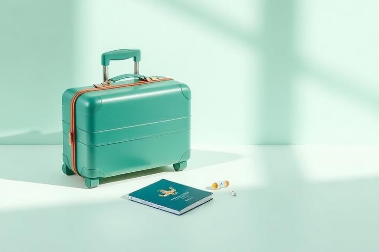 Small teal suitcase, passport and travel medication