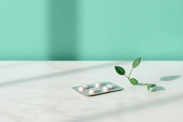 Contraceptive pill pack and a green sprig on a marble surface