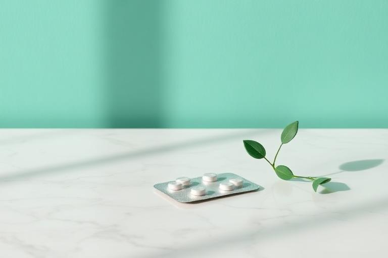 Contraceptive pill pack and a green sprig on a marble surface