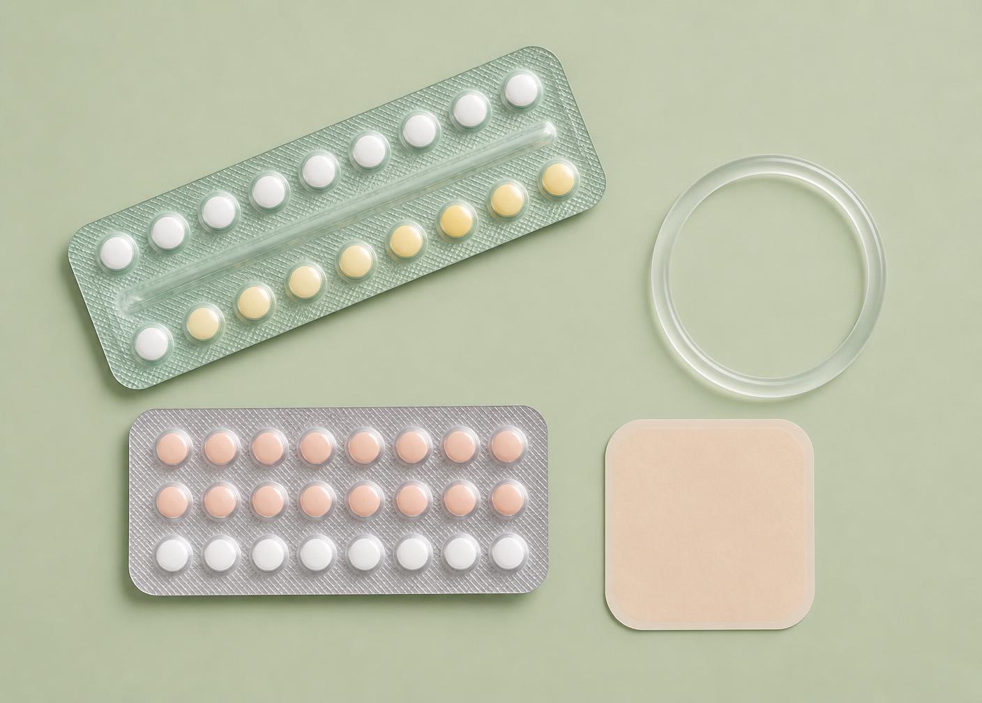 Contraceptive pill blister packs, a vaginal ring and a skin patch laid out on a sage background