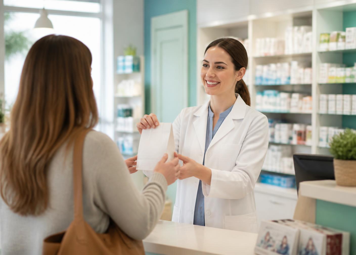 A pharmacist handing a prescription to a customer at an Irish pharmacy counter