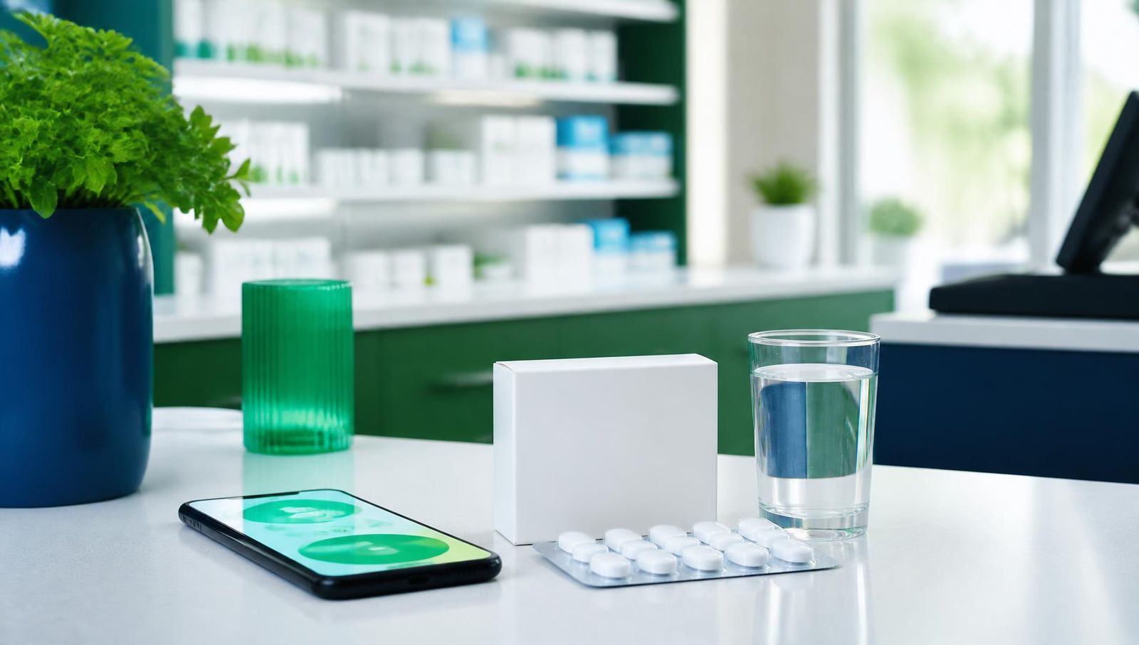 Bright Irish pharmacy counter with an unbranded medicine box, blister pack and a phone showing a health app