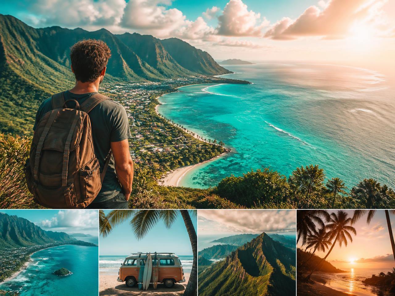 Traveller looking over a tropical coastline before an overseas trip