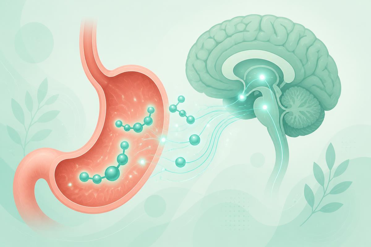 Illustration of GLP-1 hormone signalling between the stomach and the brain