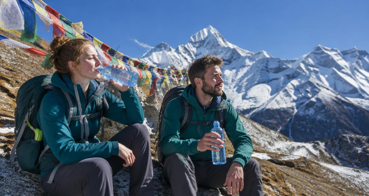 Two Irish trekkers resting and drinking water on a high mountain trail with snow-capped peaks and prayer flags behind them