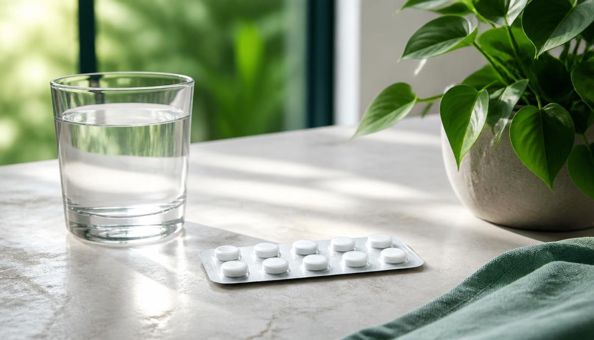 A blister strip of plain white tablets and a glass of water on a bright kitchen worktop