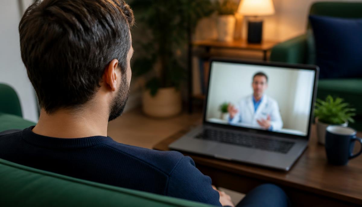 A man at home speaking with a doctor during a video consultation on a laptop