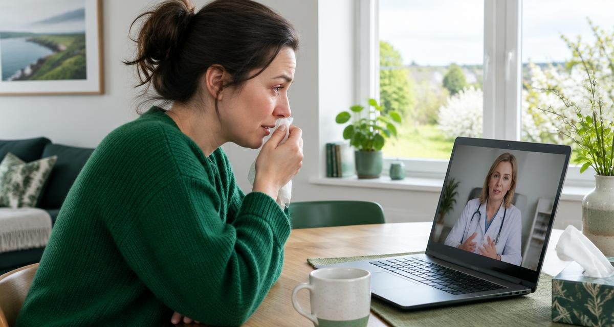 Patient at home in Ireland discussing Online Hay Fever Treatment and GP Consultations in Ireland during a secure online GP consultation